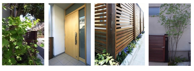 ひばの玄関ドア、ウリンルーバーの目隠しフェンス、トネリコをシンボルツリーに…