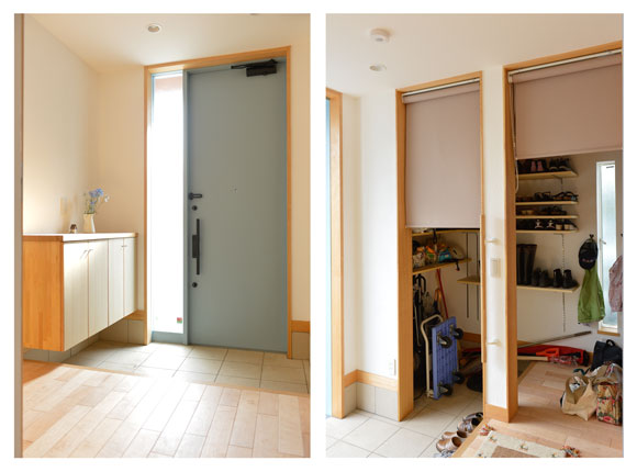 淡い水色のドアが爽やかな玄関＿右手に2WaySIC付だから、メイン玄関はいつもスッキリ